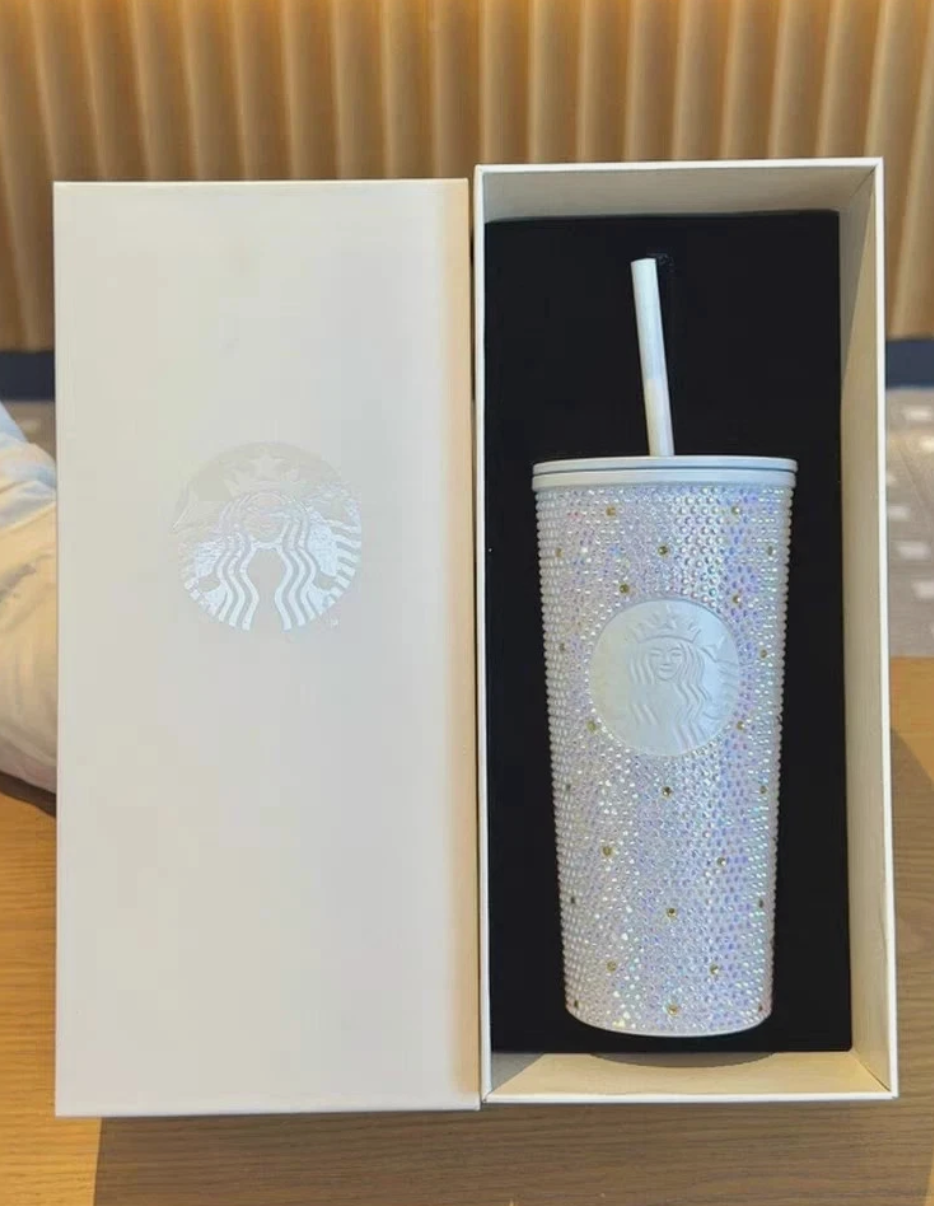 New Starbucks 2024 SS Pink Rhinestone Cold Cup Tumbler+ Diamond Crown 16oz Gift
