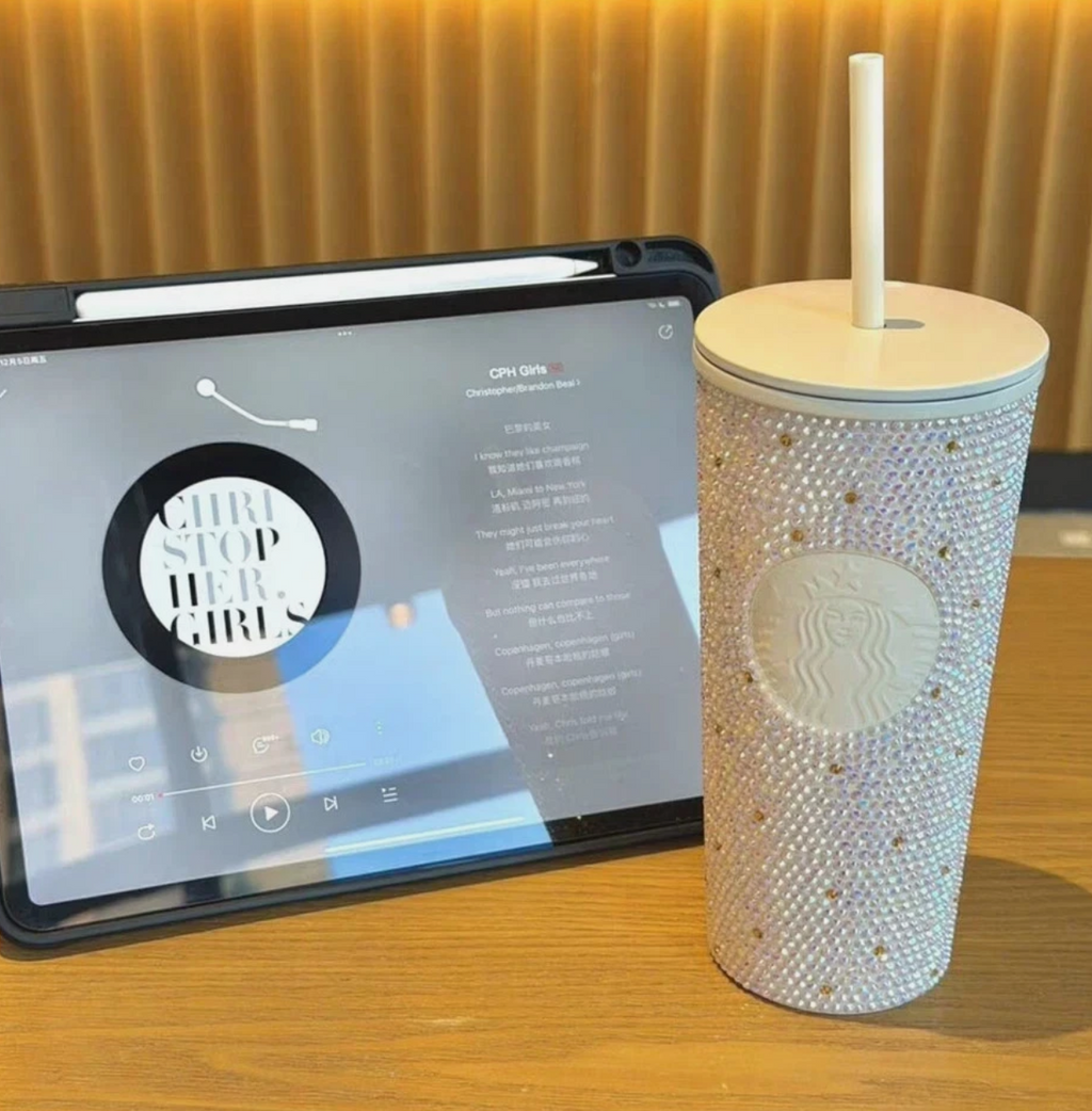 New Starbucks 2024 SS Pink Rhinestone Cold Cup Tumbler+ Diamond Crown 16oz Gift